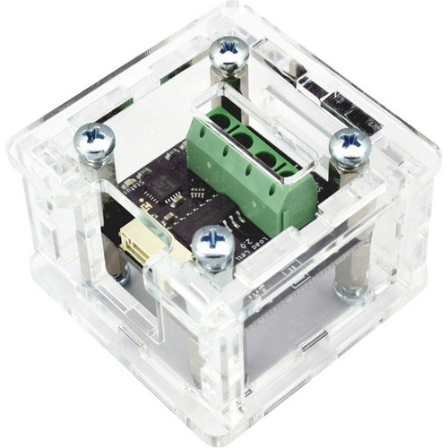 Kleiner, transparenter elektronischer Baustein mit schwarzer Platine, grünem Anschlussblock und Schrauben, die das Gehäuse sichern.
